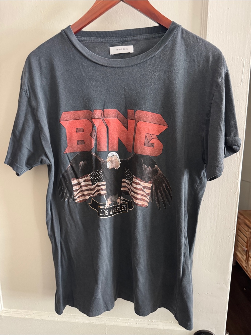 Anine Bing Charcoal Short-Sleeve Graphic Tee with Red Print